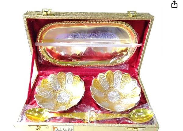 Prisha India Craft Gold And Silver Plated Serving Set 5 Pcs Each Bowl Diameter