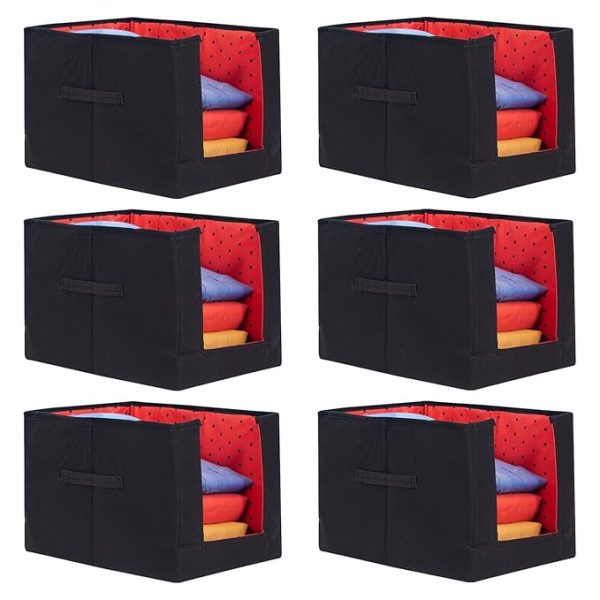 Prettykrafts Non Woven Large Capacity Shirt Stacker Foldable Storage Box Color Red And Black Pack Of 6