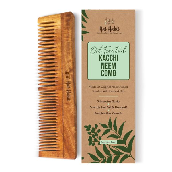 Nat Habit Wide Tooth Kacchi Neem Comb Wooden Brown COlour