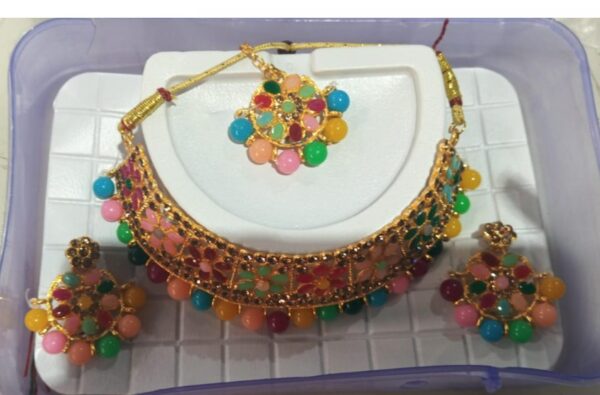 Multicolor Necklace And Earrings With Tikka For Women