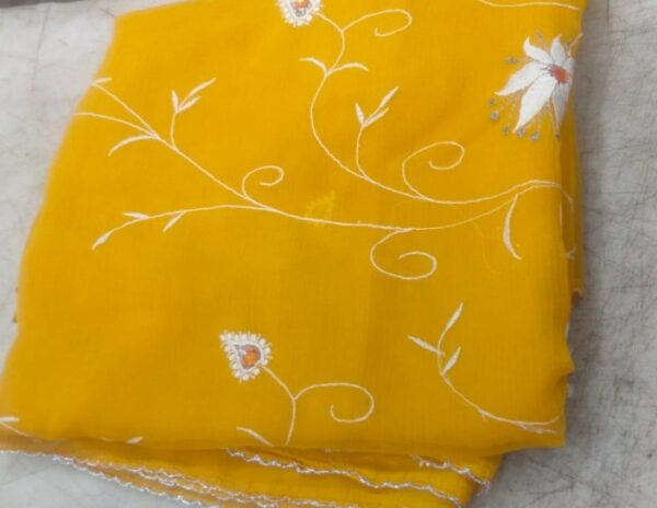 Mustard Thread Work Synthetic Saree For Woman