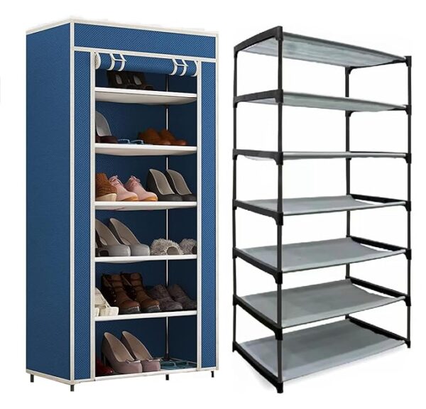 6 Layer Multipurpose Metal Pipes Non Woven Cover And Shelf With Single Connector Collapsible Shoe Rack Color Blue