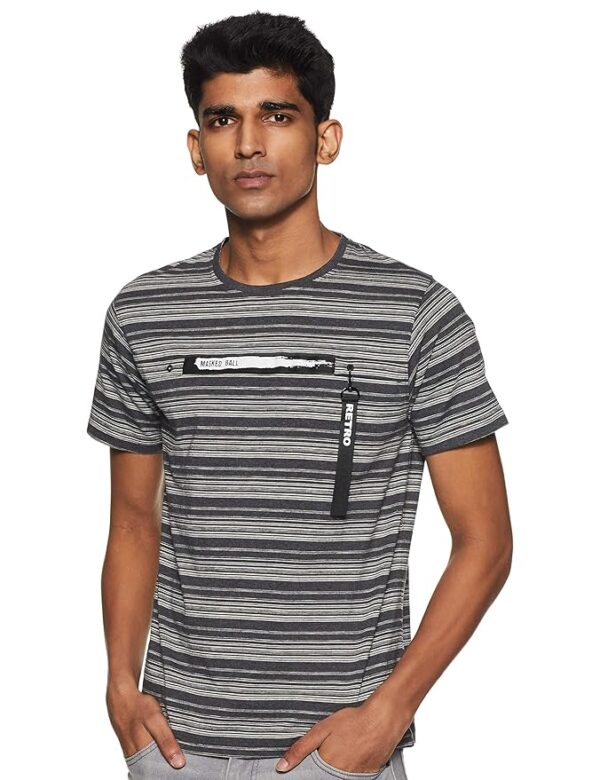 Fort Collins Men White Striped Round Neck Cotton Black T Shirt Size M