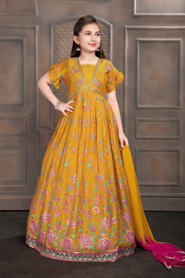 Lagorii Mustard Printed Gown With Golden Embroidery For Girls size 6 to 7 yeras