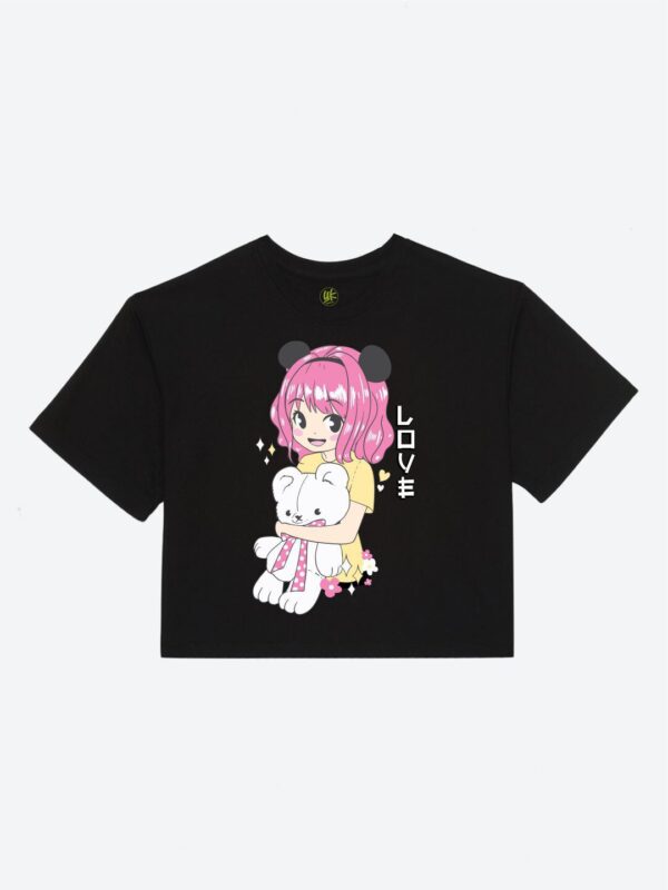 YK Girls Anime Girl with Teddy Bear Printed Boxy Tshirt black colour Size 12 yrs