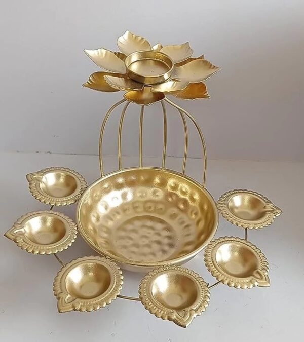 Urli Bowl Flower Design With Diya Shape Tealight Candle Holder Decorative Bowl Iron Candle Holder Set Gold