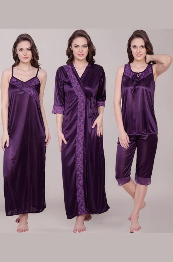 Satin Purple Color 4 Pcs Long Nighty Robe With Capri Top