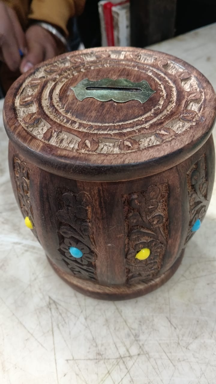 Unique Wood Art Handmade Wooden Barrel Money Piggy Bank Coin Box