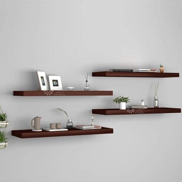 Wooden Floating Wall Shelf For Home Decor Medium Size Set Of 4 Brown