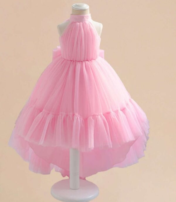 Girls Pink Halter Neck Sleeveless High Low Hem Party Dress With Oversized Bow