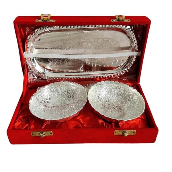 Silver 2 Pieces Bowl Spoon Set With Tray In Velvet Box