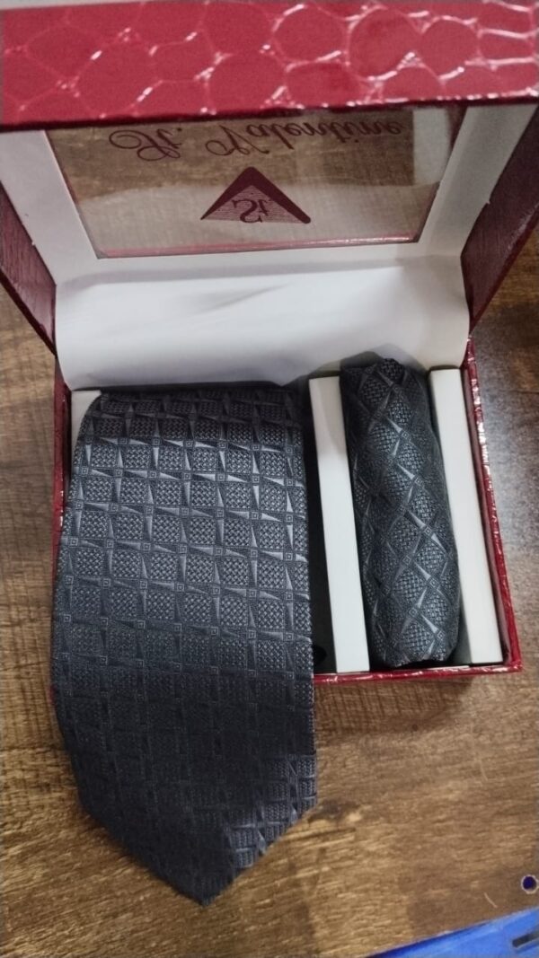 St Valentine Men Formal Solid Tie And Silk Pocket Square Cufflinks Set Dark Grey Color