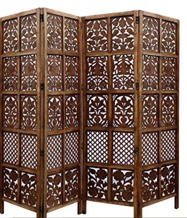 Wooden Handcrafted 4 Panel Brown Wooden Room Partition Divider Size 22X 72 Inch