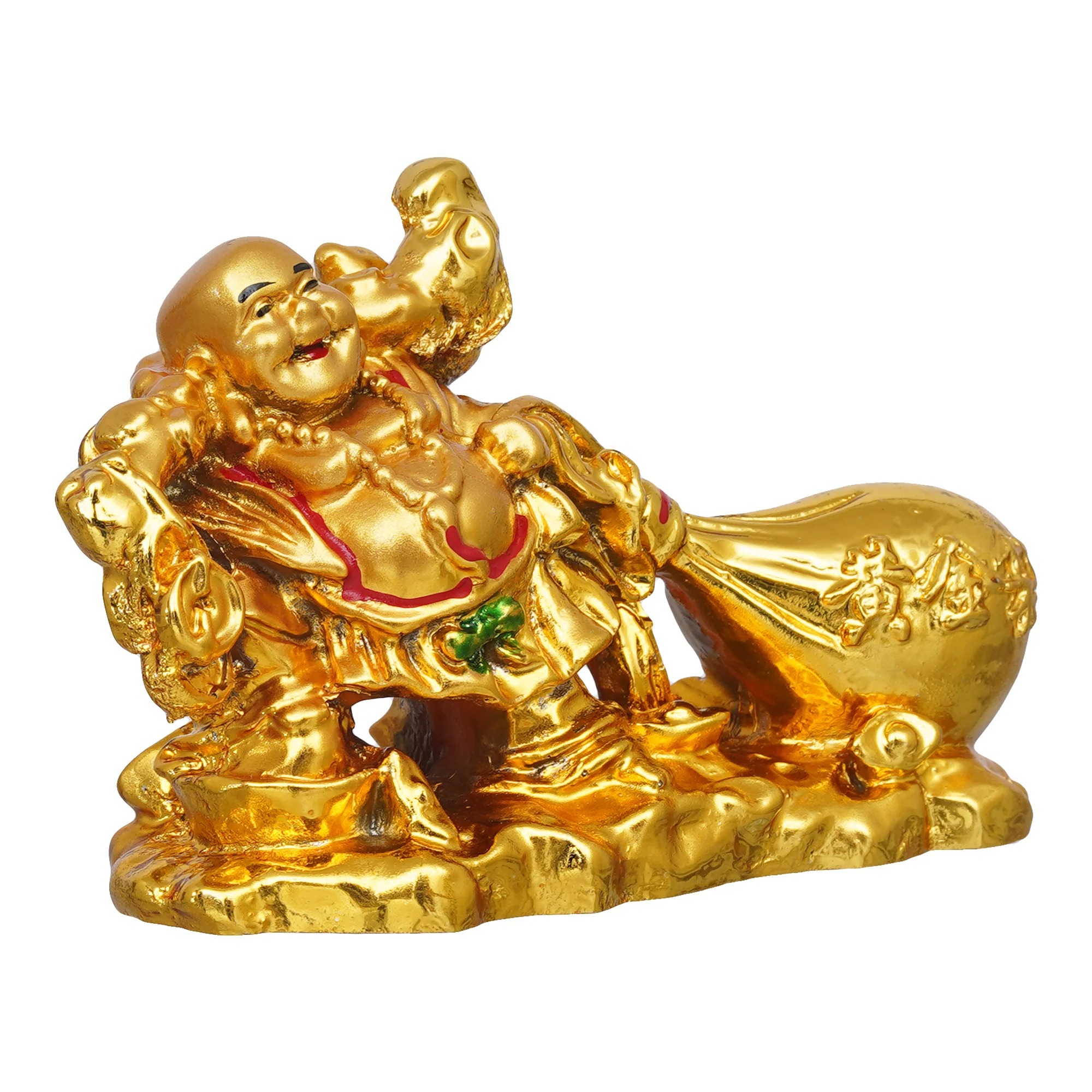 Golden Polyresin Feng Shui Laughing Buddha Idol With Money Bag For Wealth And Good Luck