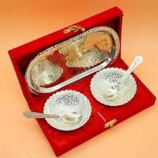 Silver Plated Bowl Spoon Tray Set Dessert Dry Fruits Serving With Red Box