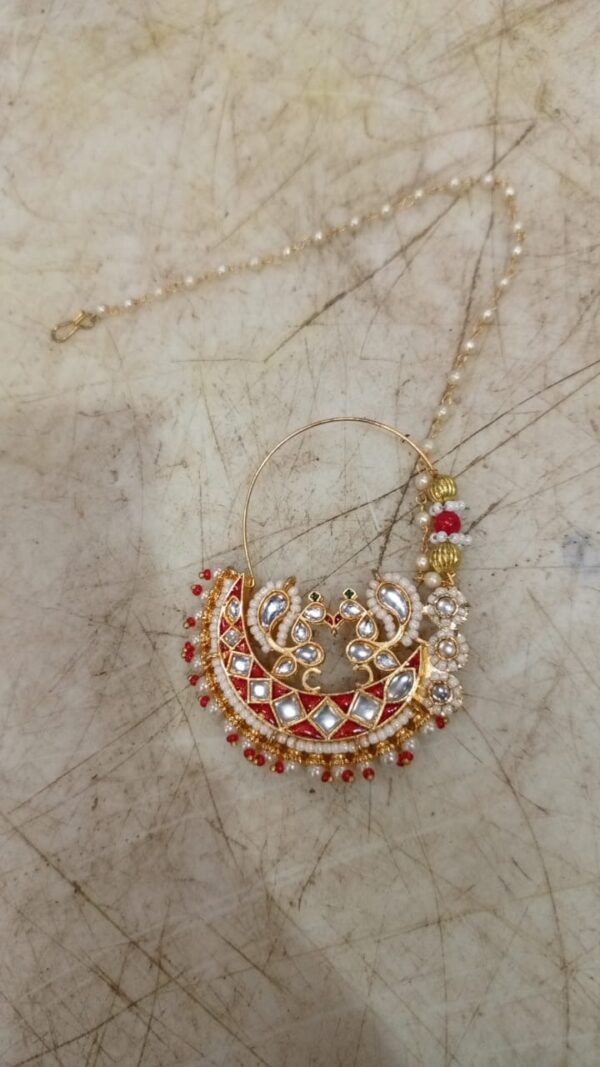 Gold Plated Kundan Meenakari Nose Ring With Chain