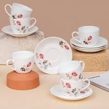 Cream Floral Cup Saucer 170Ml Set Of 12 6 Cups 4 Saucers