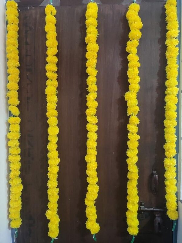 Artificial Marigold Garland Decoration Fluffy Flower Plastic Genda Phool Pack Of 5 Yellow