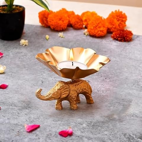Golden Metal Elephant Diya For Puja Tealight Candle Holder