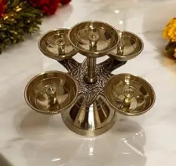 Pure Brass Ethnic 5 Faced Wick Akhand Jyoti Diya Deepam For Home Office Pooja And Temples Decor
