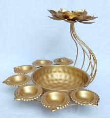 Golden Decorative Iron Diya Stand With Urli Pack Of 2