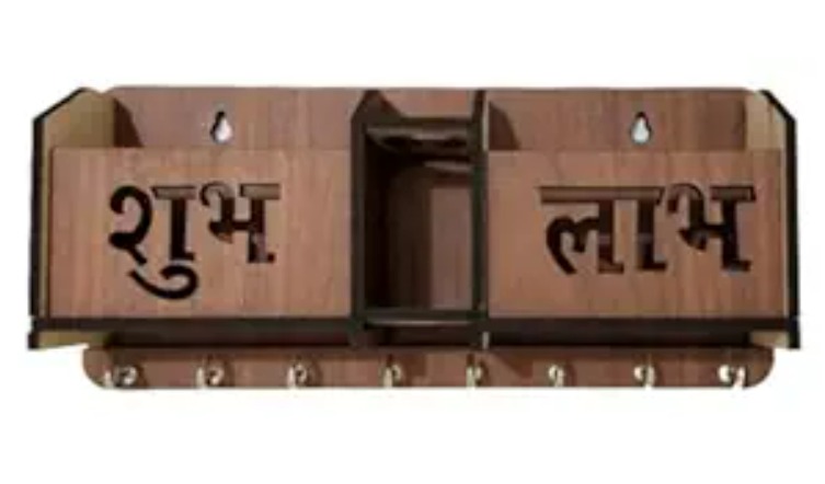 Carts Shubh Labh Key Holder Unique Designer 2 Pocket Pen And Mobile Stand Stainless Steel 6 Hooks