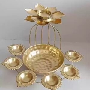 Golden Decorative Iron Diya Stand With Urli