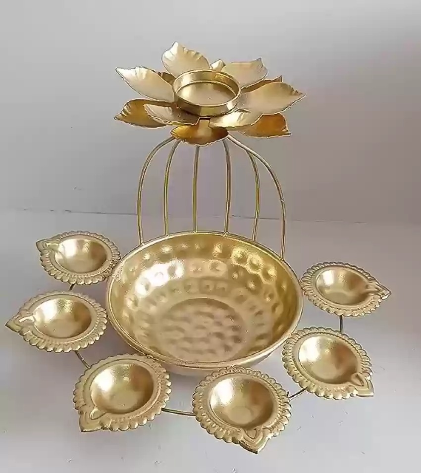 Golden Decorative Iron Diya Stand With Urli