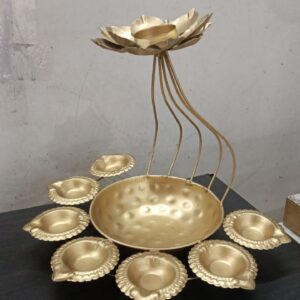 Iron Urli Bowl Flower Design With Diya Shape Tealight Candle Holders