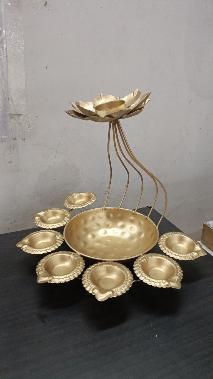 Iron Urli Bowl Flower Design With Diya Shape Tealight Candle Holders