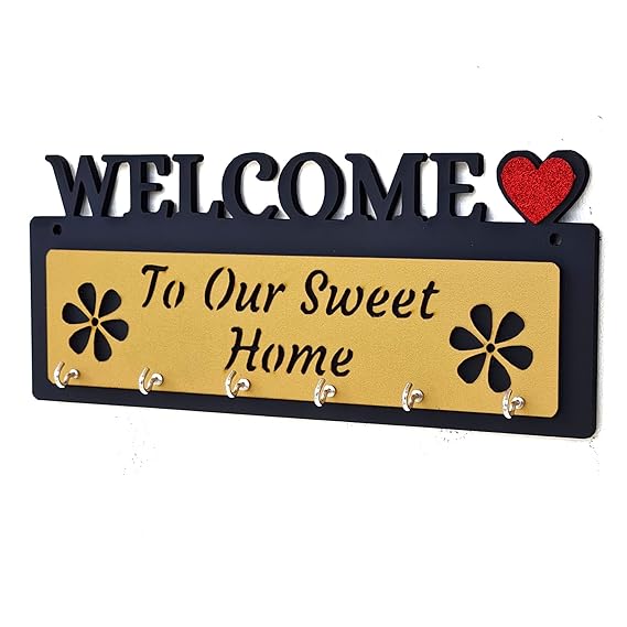 Home Decor Wooden Wall Mount Key Holder With 6 Stainless Steel Hooks Black