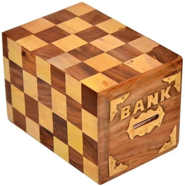 Square Chess Handmade Wooden Money Bank With Lock