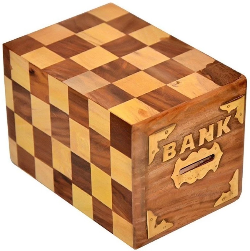 Square Chess Handmade Wooden Money Bank With Lock