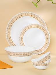 Larah By Borosil Halo Jupiter White And Yellow 15 Pcs Opalware Crockery Dinner Set