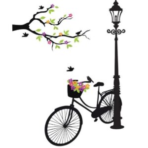 Decorative Cycle With Street Lamp And Tree Branch With Birds Wall Sticker Multicolor Pvc Vinyl 110X75 Cm