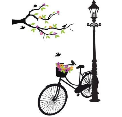 Decorative Cycle With Street Lamp And Tree Branch With Birds Wall Sticker Multicolor Pvc Vinyl 110X75 Cm