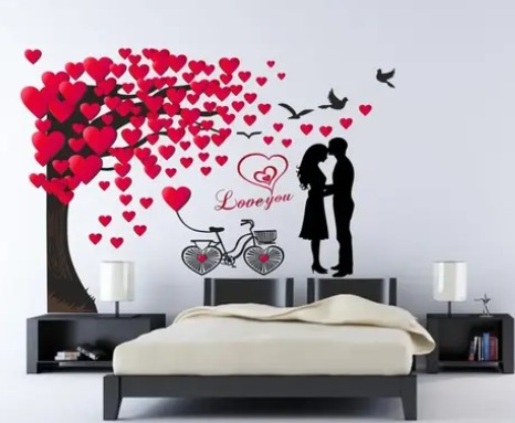 Home Decor Romantic Couple Under The Heart Leaves Tree And Love Quote With Bicycle Wall Sticker