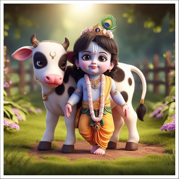 Baby Krishna With Cow 3D And Hd Print Wall Poster For Pooja Room
