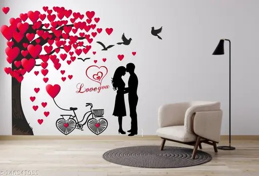 Romantic Couple Under The Heart Leaves Tree Size Free Wall Stickers