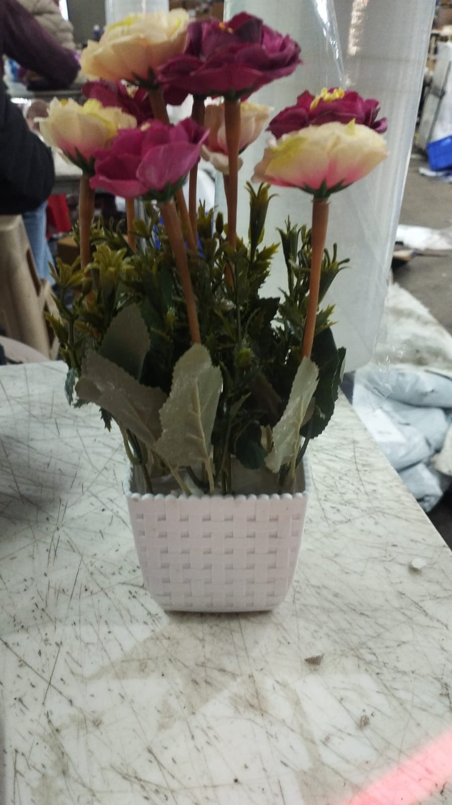 Dry Rose Flower Basket For Home Shop Office Decor Artificial Flower With Stylish Pot Maroon