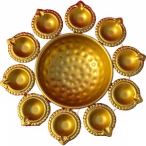 Diwali Special Five Diyas Stainless Golden Plate