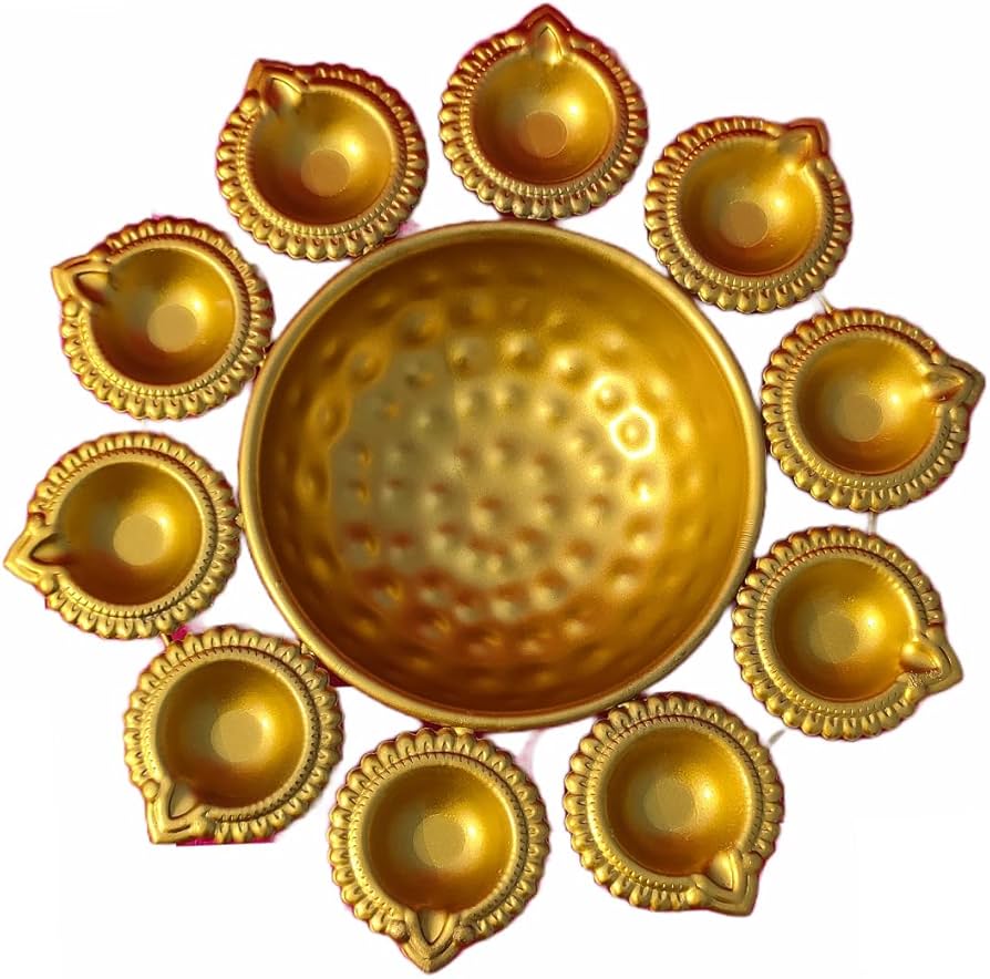 Diwali Special Five Diyas Stainless Golden Plate