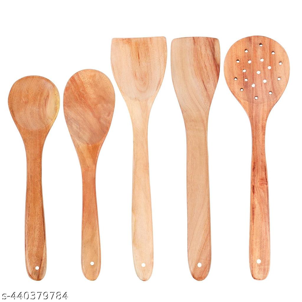 Neem Wooden Kitchen Spoons Set Of 5 Brown Color