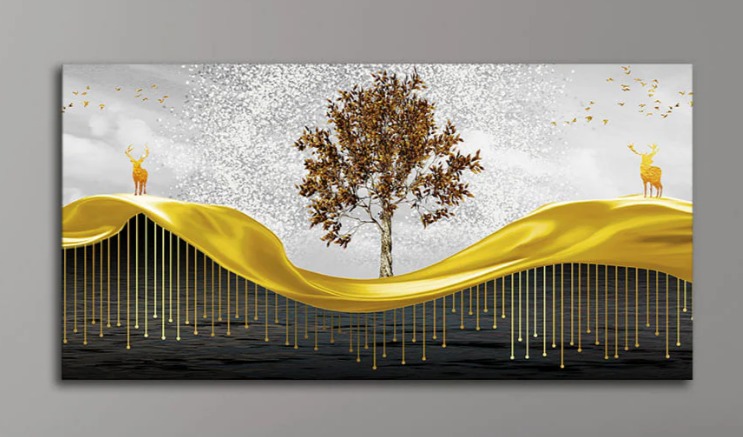 Beautiful Luxury Modern Art Of Trees And Deer Premium Wall Painting Size 2X4Ft