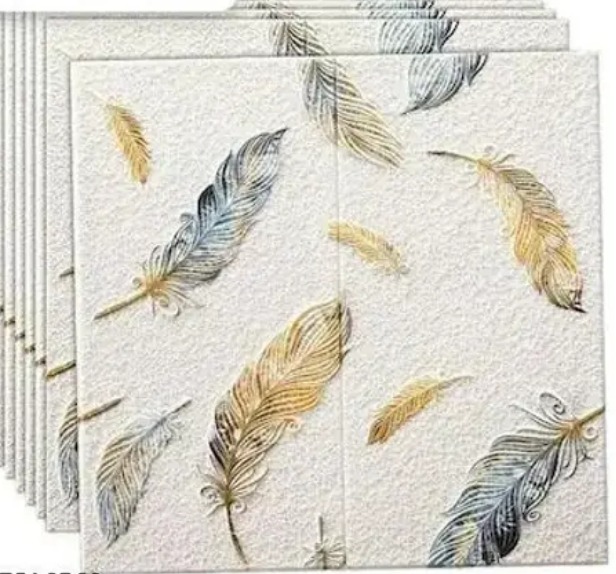 Sarvari Decor Cream Foam Aesthetic Feather Printed Wallpaper Self Adhesive 3D Pack Of 4