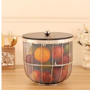 Lushlin InsectResistant Metal Fruit Basket With Solid Black Wooden Lid And Golden Metal