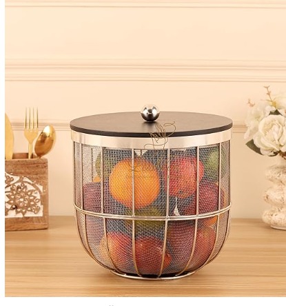 Lushlin InsectResistant Metal Fruit Basket With Solid Black Wooden Lid And Golden Metal