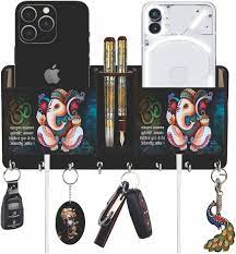 Ganesh Wooden 2 Pocket Mobile And Pen Holder 6 Hooks