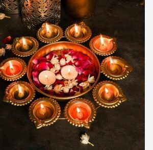 Golden Urli Bowl 10 Diyas Plate For Pooja Diwali Or Home Decoration