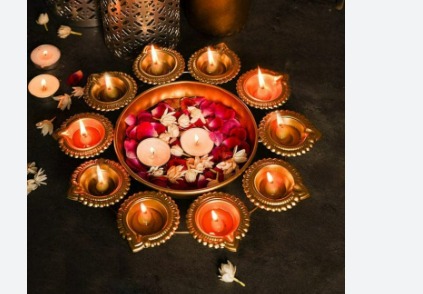 Golden Urli Bowl 10 Diyas Plate For Pooja Diwali Or Home Decoration